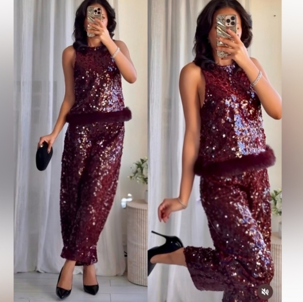 Zara SEQUIN TOP WITH FAUX FUR HEM SIZE XS
